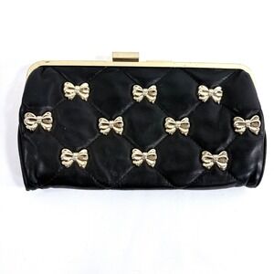 Betsey Johnson Clutch Black Quilted Lamb Leather Gold Bow Studded Bag Rare